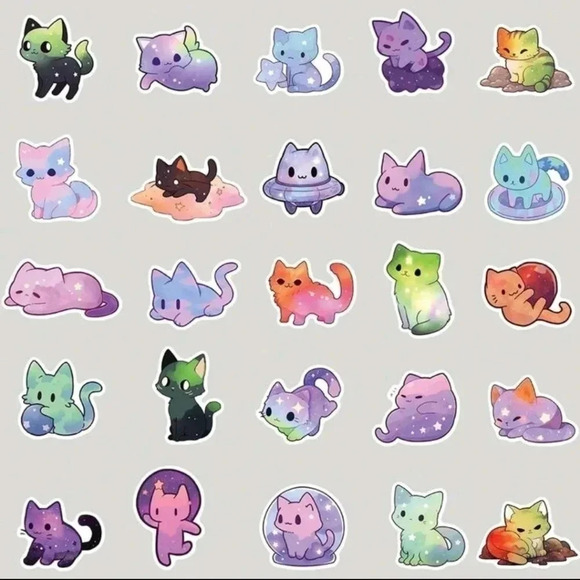 Cute fun 50 piece set vibrant vinyl stickers cat galaxy print rainbow print long - Picture 8 of 8